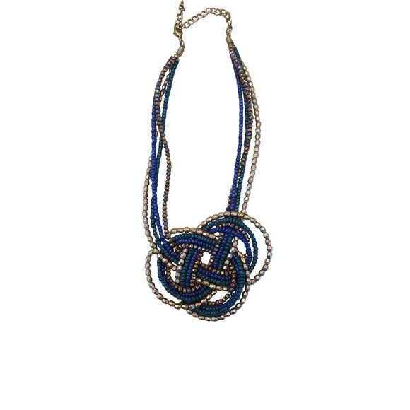 Beaded Knot Necklace  Choker Adjustable Chain Blue  Seed Bead - Picture 2 of 3
